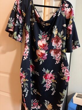 Floral Navy Fit & Flare Dress with Flutter Sleeves